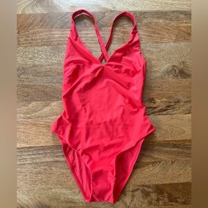 Cuup - one piece plunge bathing suit, size Small (D/E), hibiscus